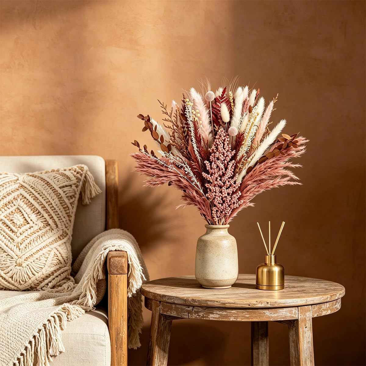 Dusty Rose & Terracotta Dried Pampas Grass Bouquet, Warm Boho Preserved Floral A