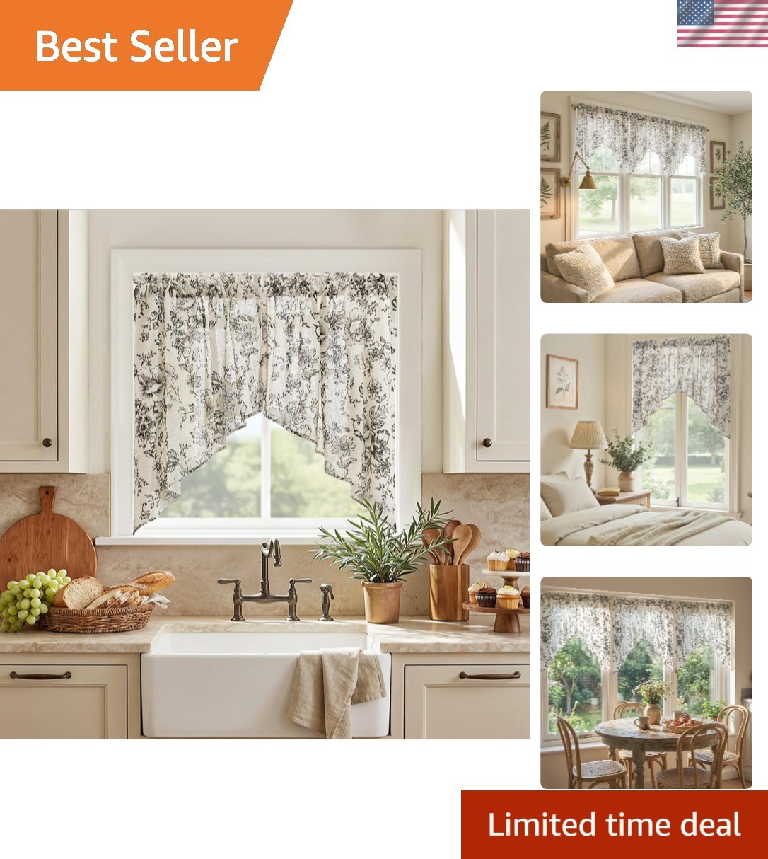 Floral Swag Valance for Windows 36 Inch Length Farmhouse Linen Kitchen Valanc…