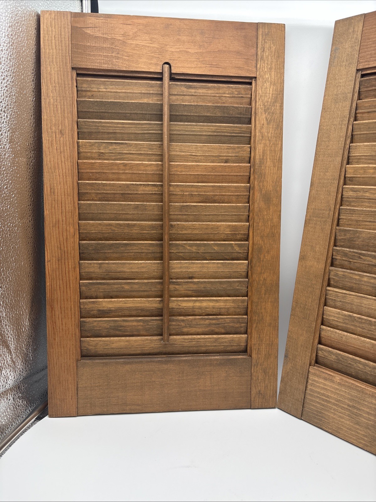 2 OLD Brown Wood Shutter Panels Movable Louver Slats ~ 12” X 20”