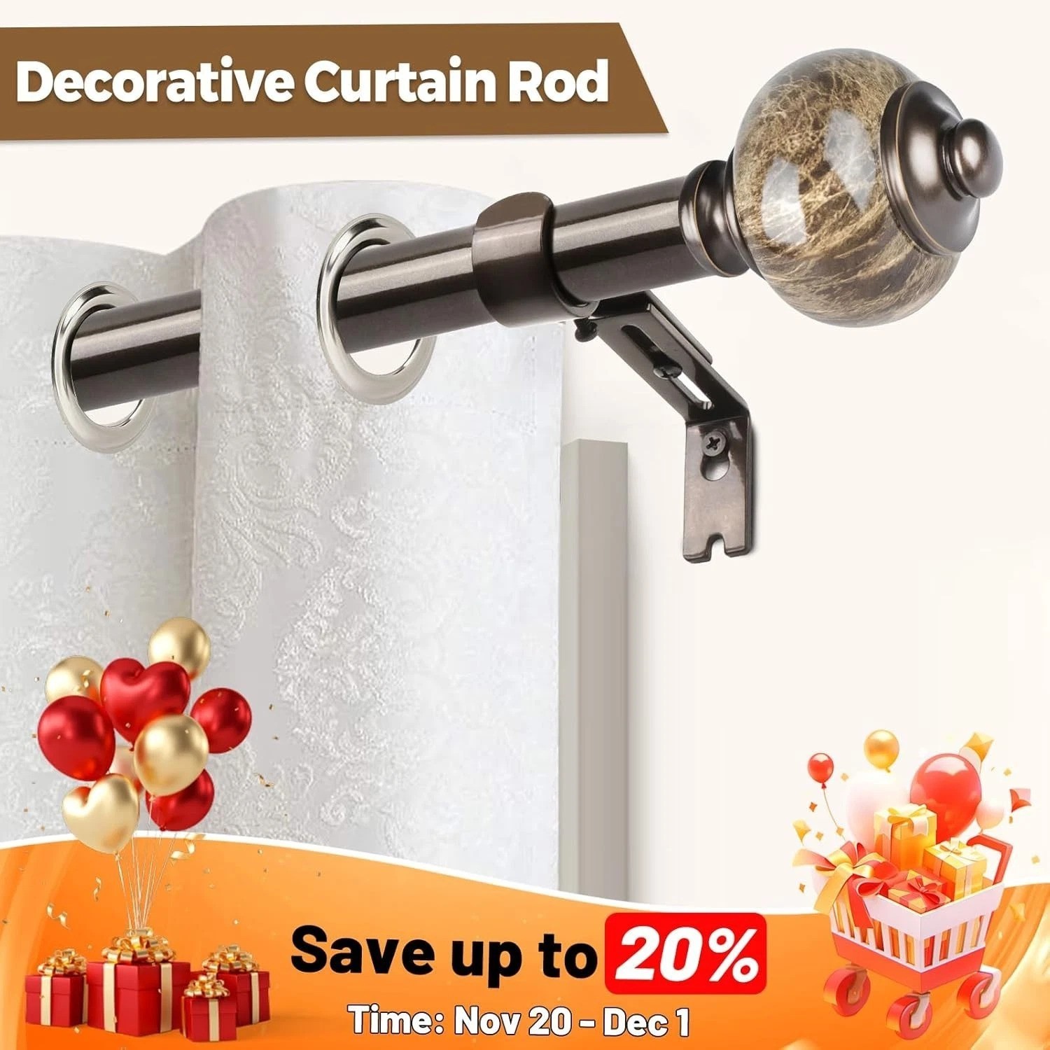 Adjustable 1-Inch Bronze Curtain Rods 72 to 144 Inches with Glam Marbled Finials