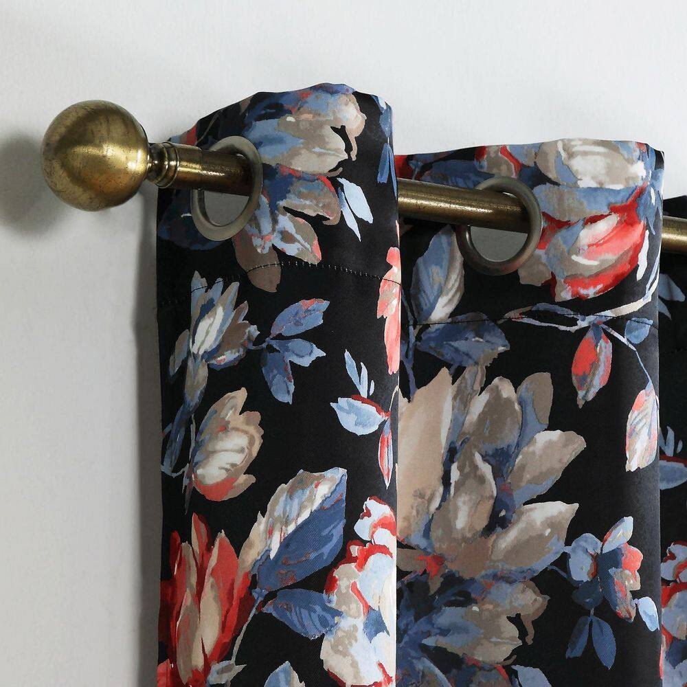 Irma Vintage Floral Black 84 In. L X 40 In. W Blackout Grommet Curtain Panel