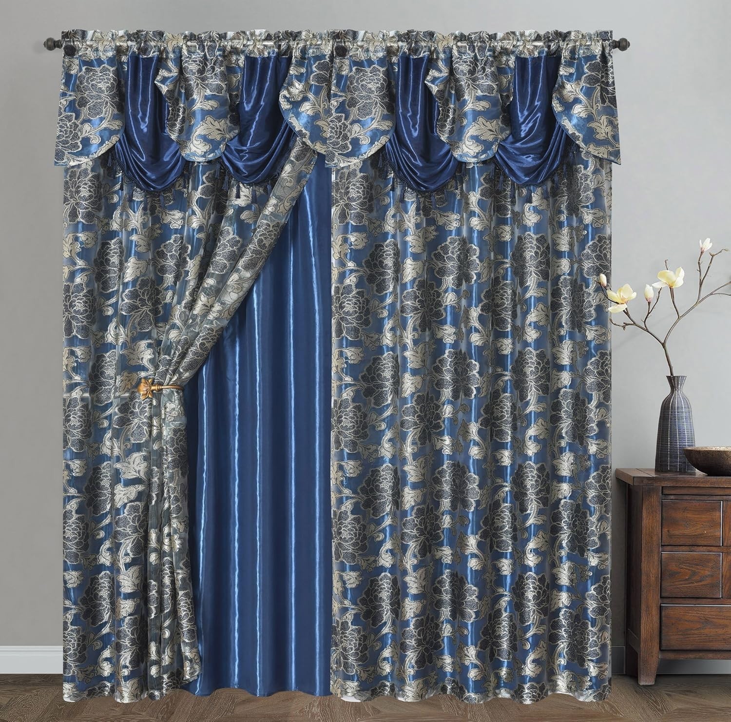 Jacquard Window Curtain W/ Attached Fancy Valance 2 Pcs 54″W x 84″L