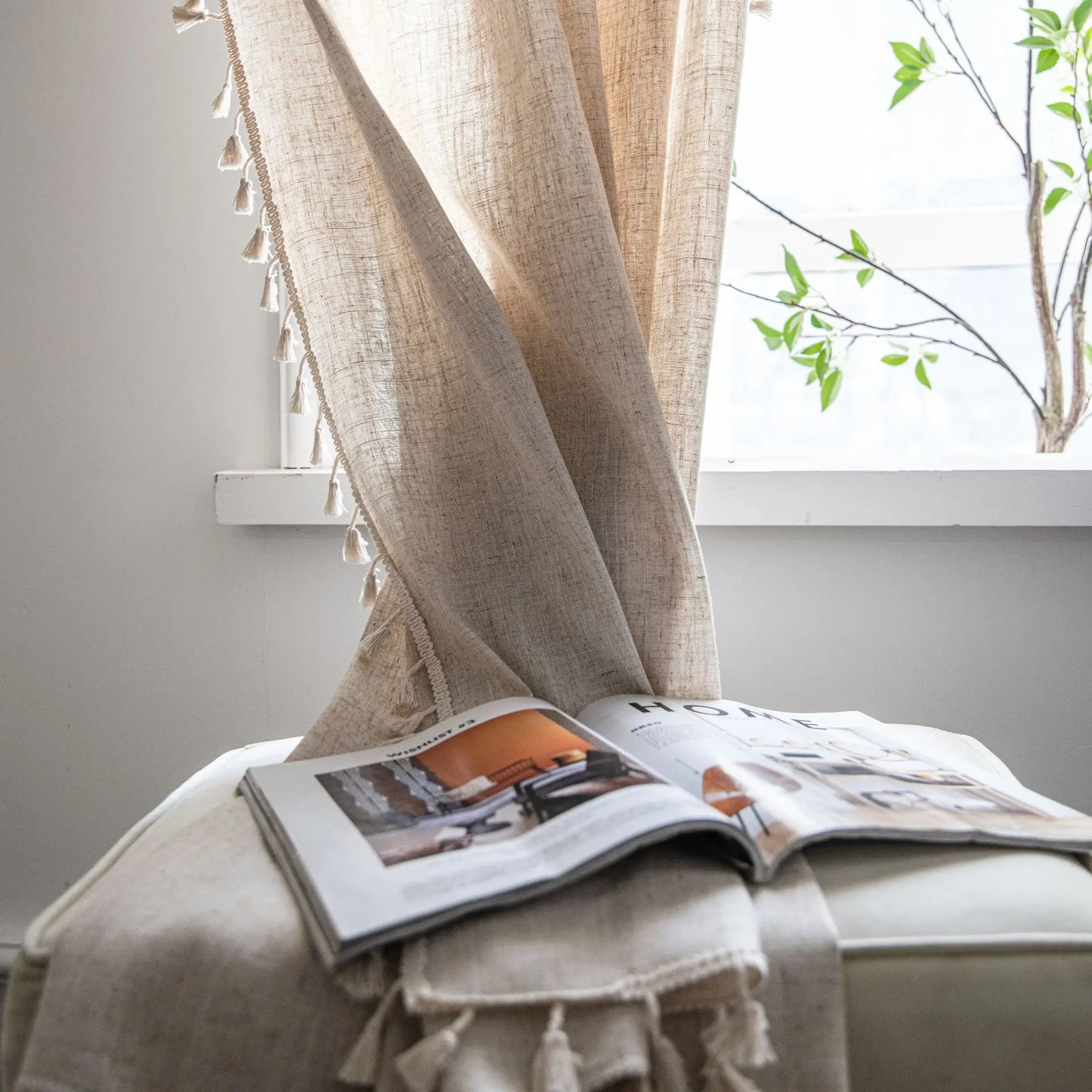 Linen Semi Blackout Curtain 1 Panel Handmade Cotton Burlap Stitching Lace Tassel