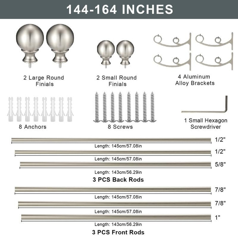 Brushed Nickel Double Curtain Rods – Adjustable 144-164 Inch Rods with round Fin