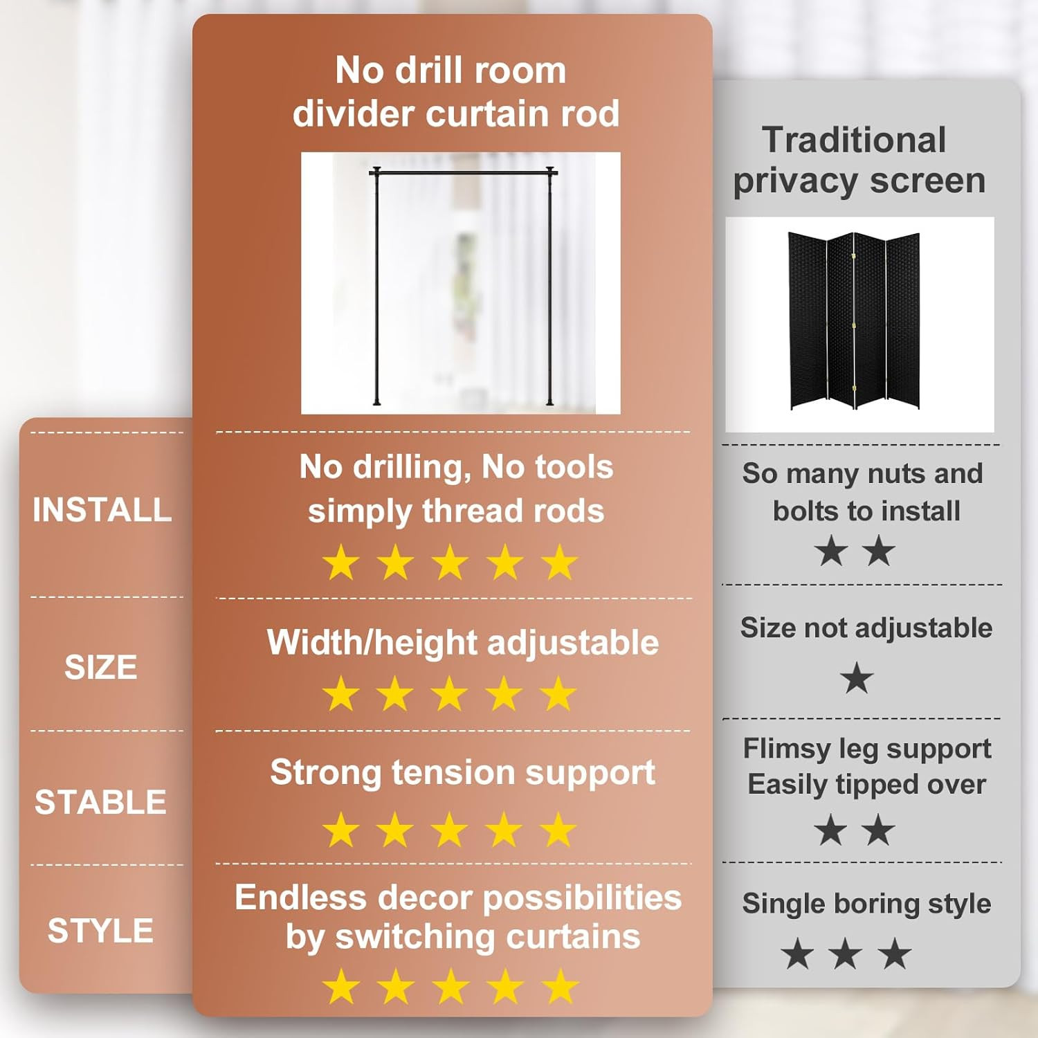 Adjustable No-Drill Room Divider Curtain Rod, 4-10Ft Heavy Duty Tension Rod