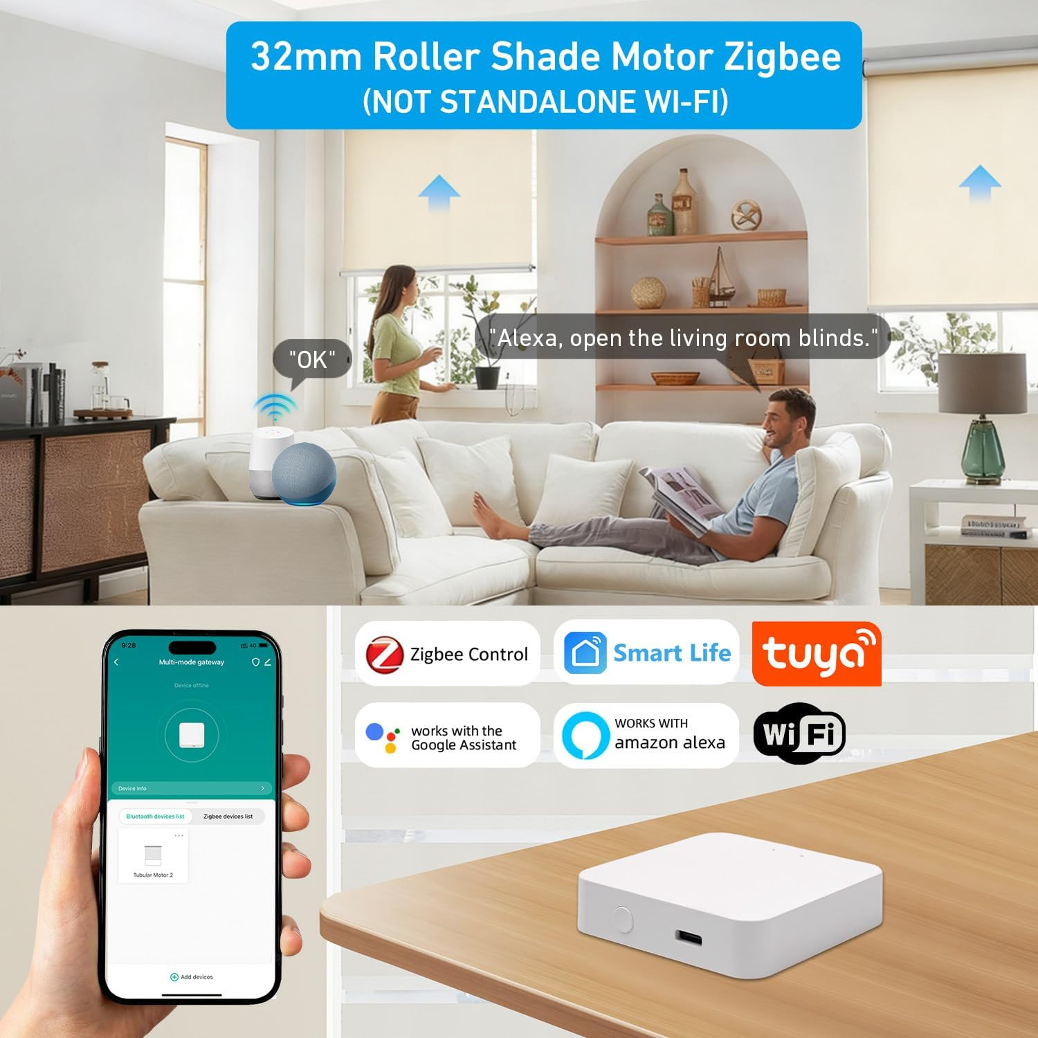 Zigbee Smart Roller Shade Motor – Rechargeable, Alexa & Google Home Compatible