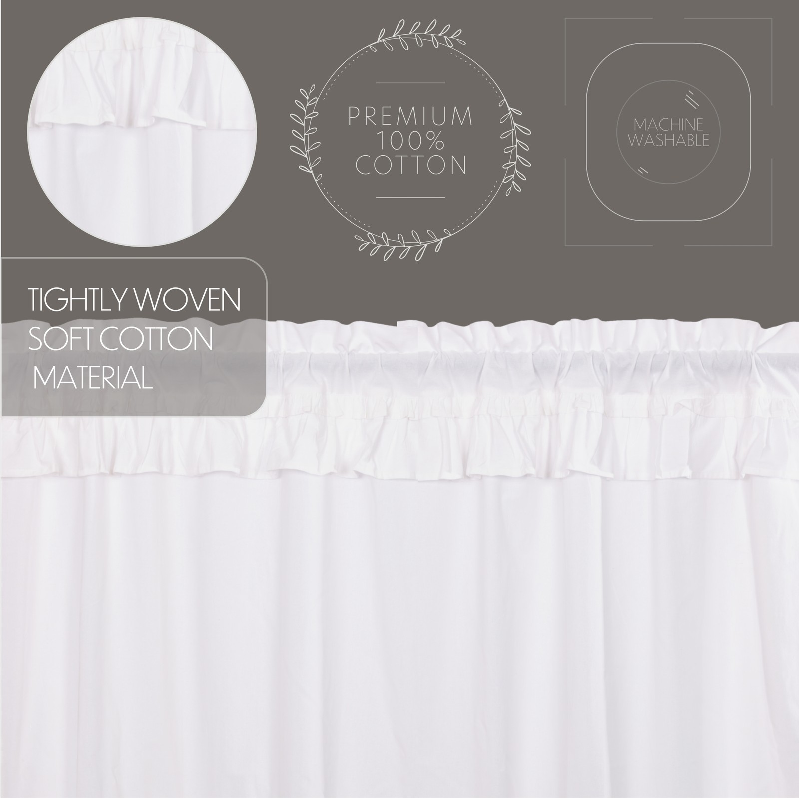 Muslin Ruffled Bleached White Set (1 Valance 16×72 ; 2 Tier 24×36) VHC Brands