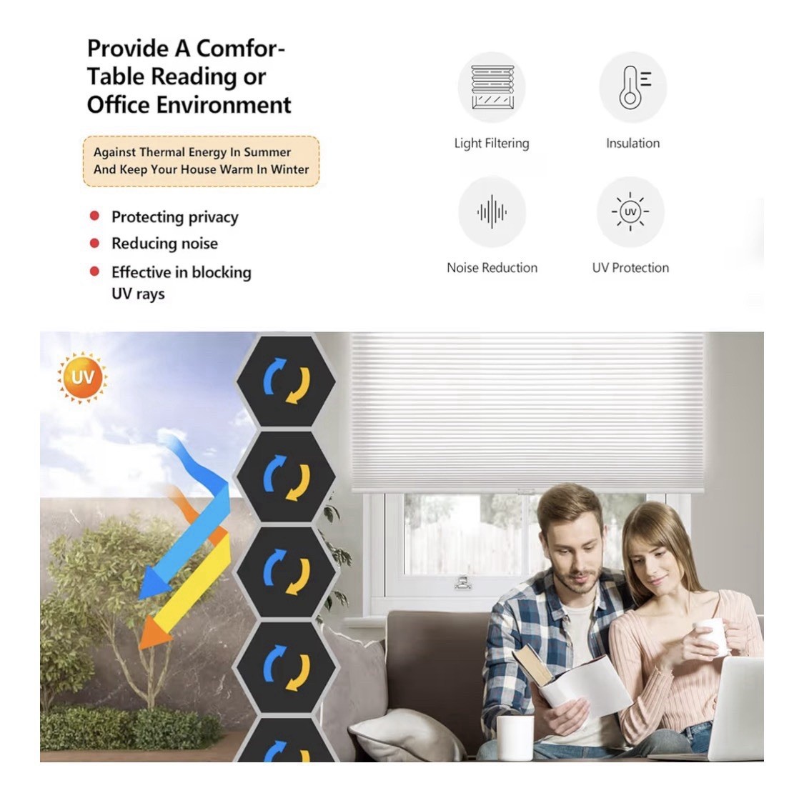 LazBlinds Cordless Cellular Shades, Light Filtering Honeycomb for Home 43×64
