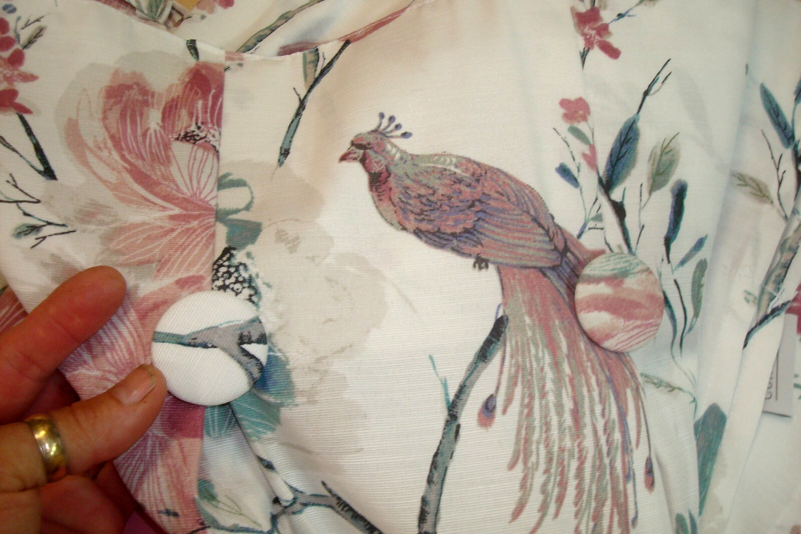 NWT Indigo Window Panels Drapes Peacock BIRDS 2 pc Pleated w/ Buttons 84″ lg