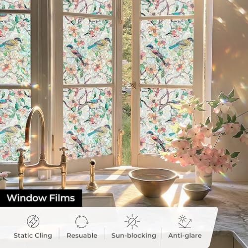 Window Privacy Film, Stained Glass 17.5″ x 78.7″ Blooms & Birds Paradise