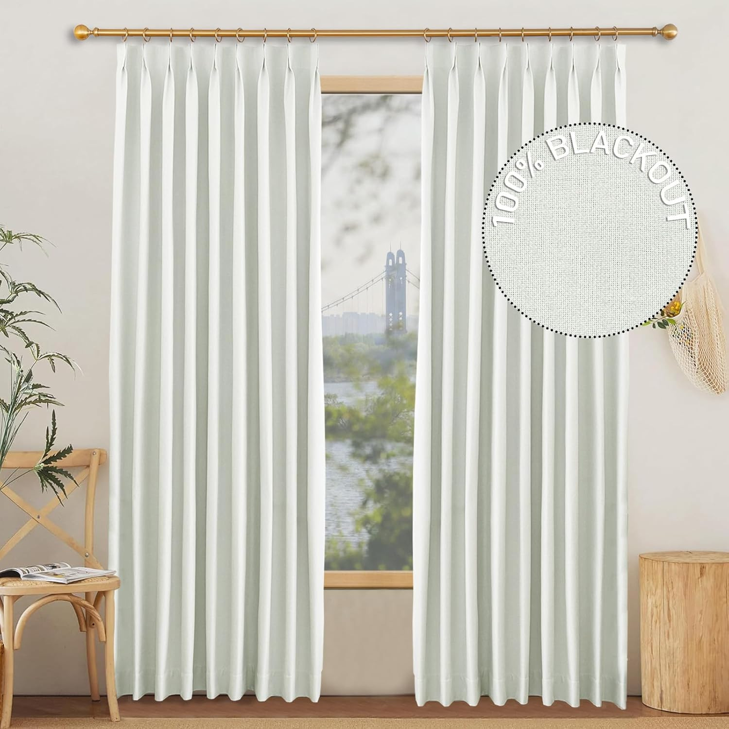 Beige 100% Blackout Pinch Pleat Curtains, 2 Panels, Insulated, 50×84 inches