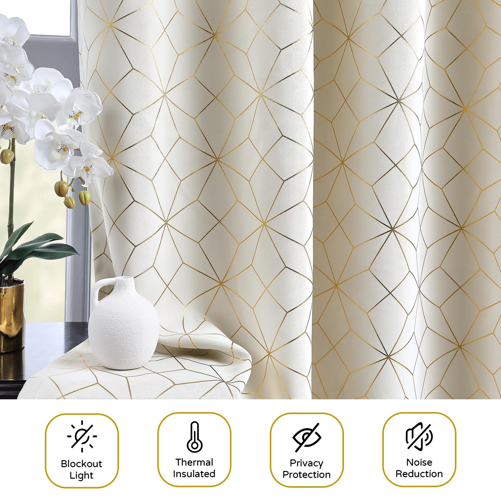 Beauoop Blackout Curtains 50″W x 84″L Beige/Gold Moroccan Grommet Set of 2