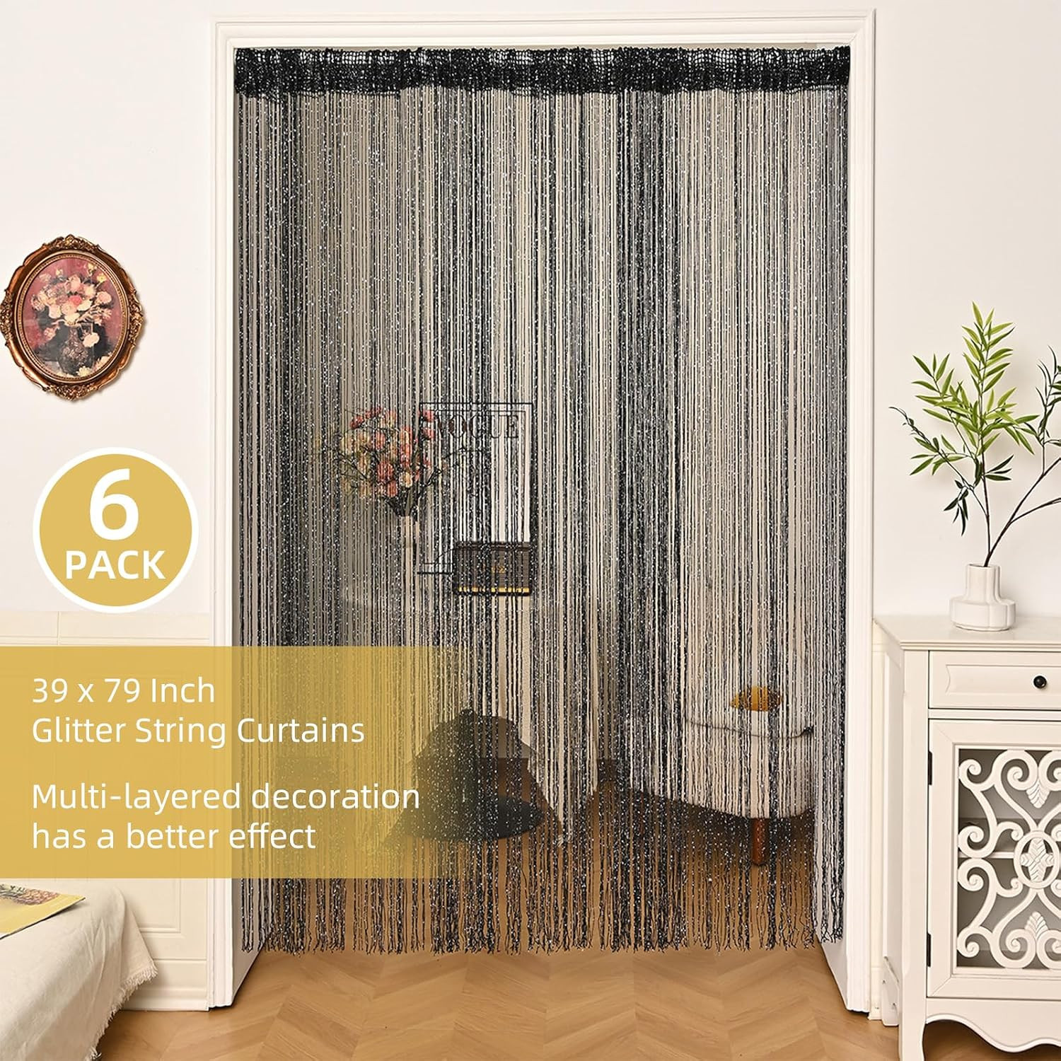 6 Pack Black Door String Curtains 39” X 79” Decorative Doorway Bead Curtains