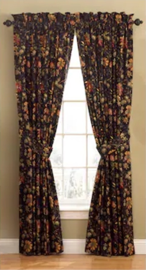 Waverly FELICITE Red BLACK Gold Green Floral Curtain Panel Farmhouse 50X84 NOIR