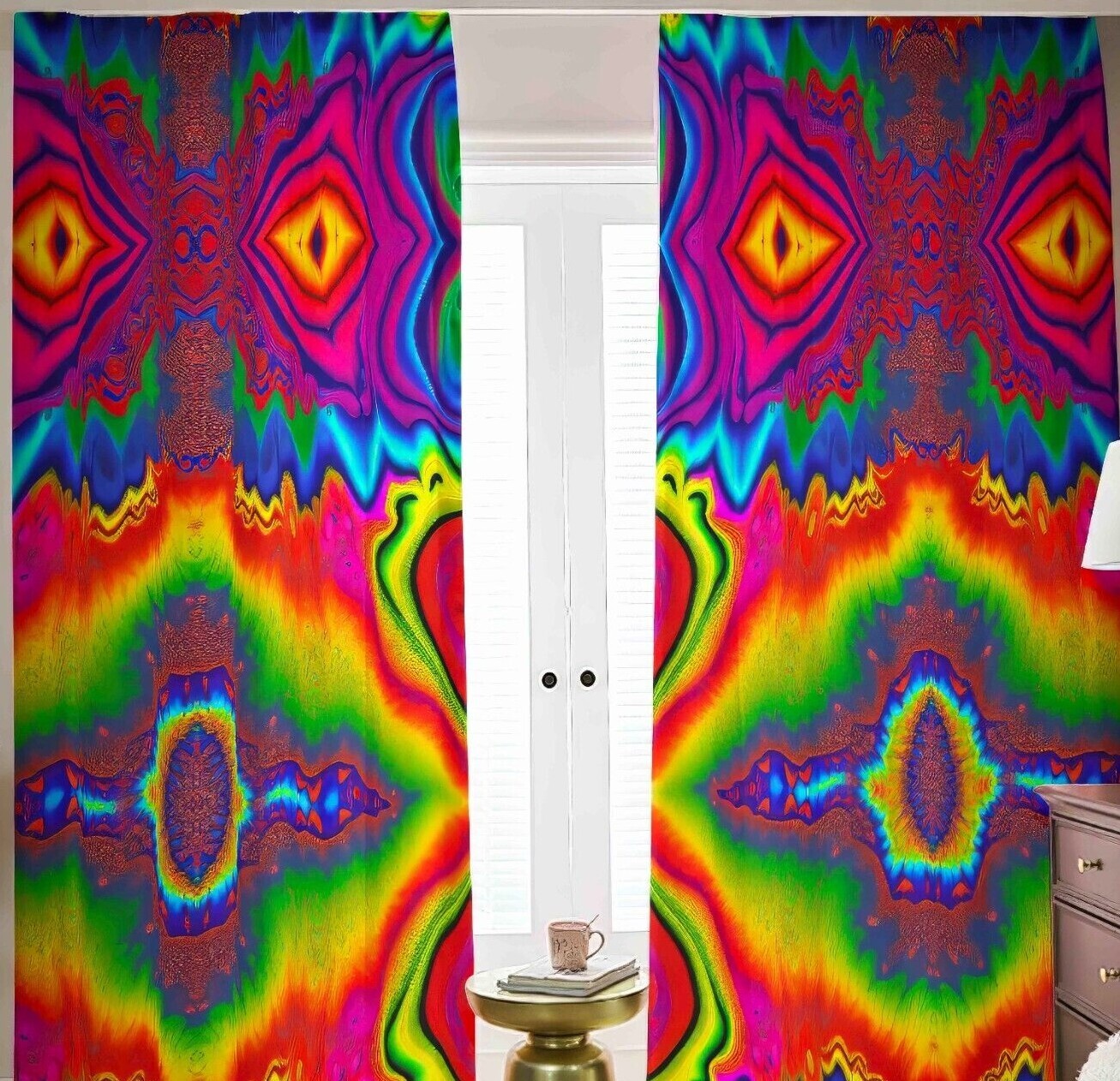 Psychedelic Tie Dye Blackout Curtains Tied Dyed Black Out Rainbow Neon Pink Rave