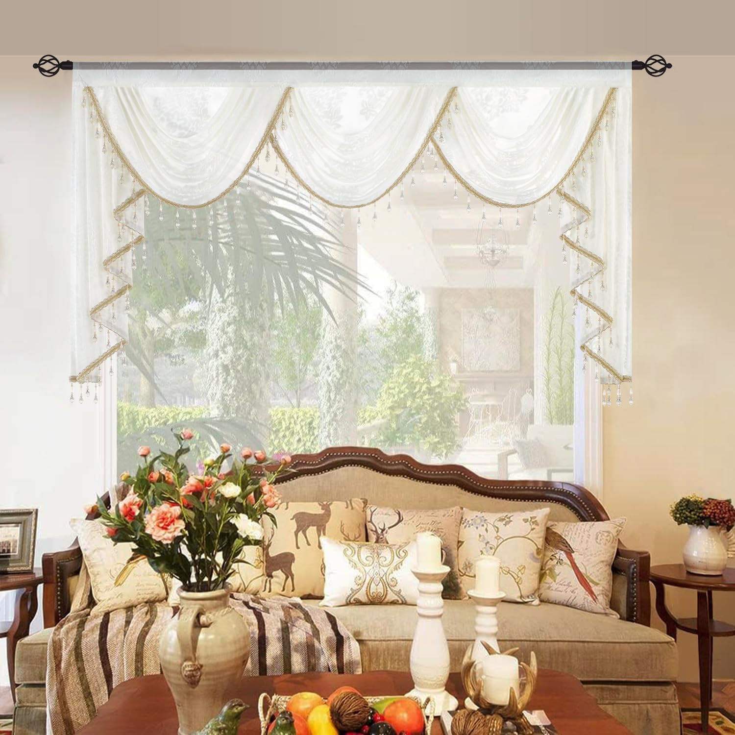 Elegant Extra Wide Waterfall Valance with Beaded Tassels, 79″ W X 43″ L