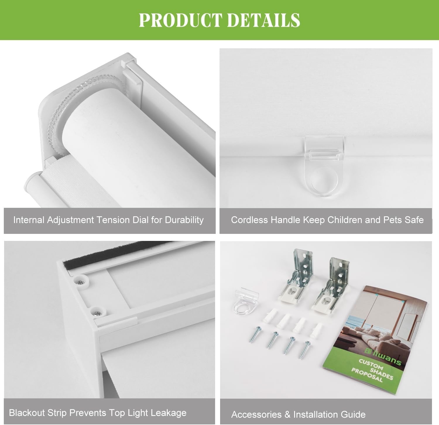 Free-Stop Cordless Roller Shades with Valance 100% Blackout White 34×72