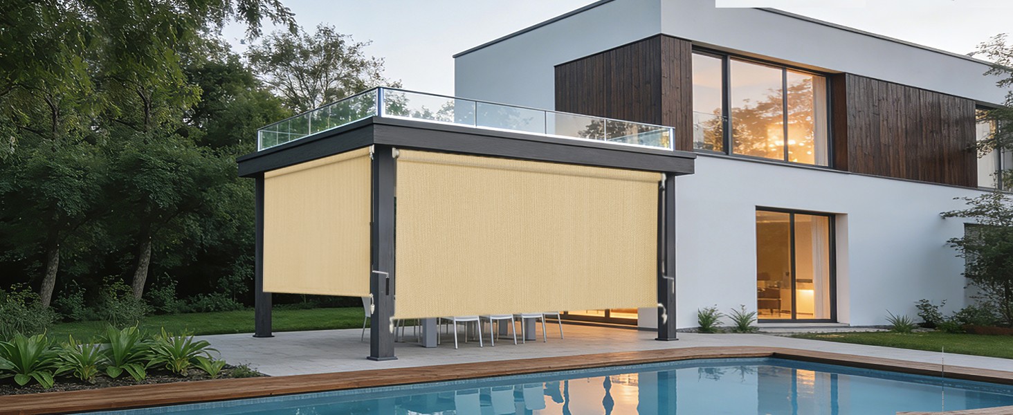 Outdoor Roller Shades for Porch , Cordless Patio Roll Up Blinds with Spliced