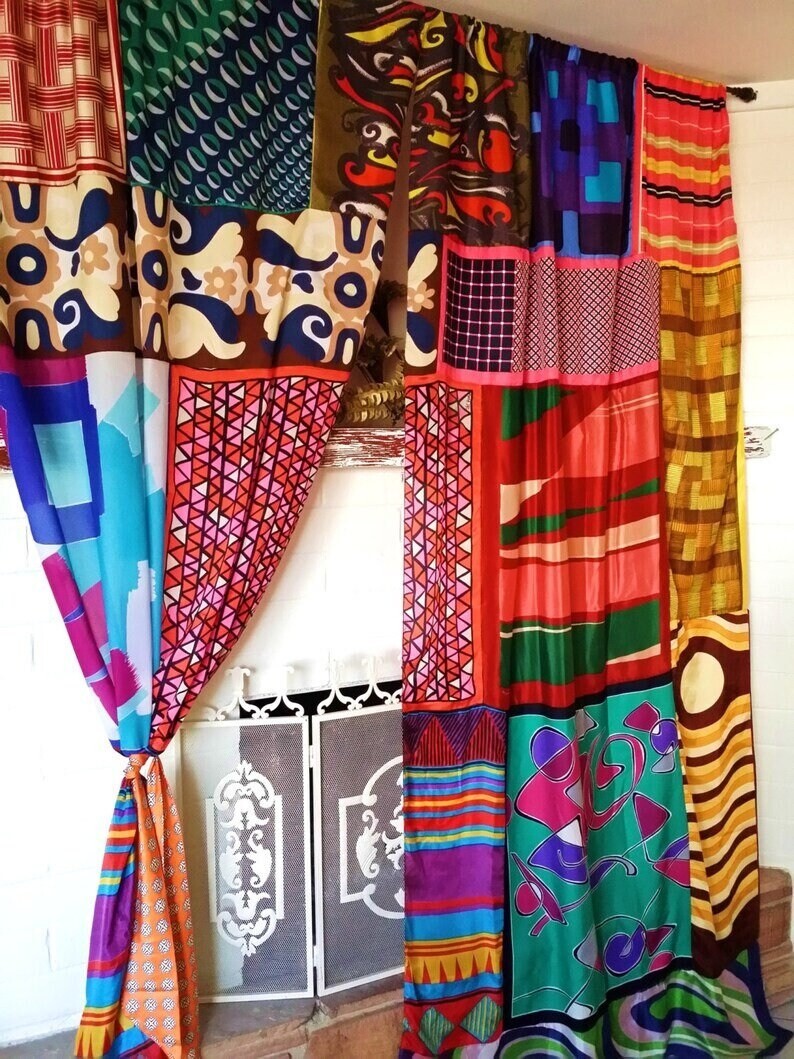2 Pcs Recycle Patchwork Curtain Drape Window Decor Multi Silk Sari Curtain
