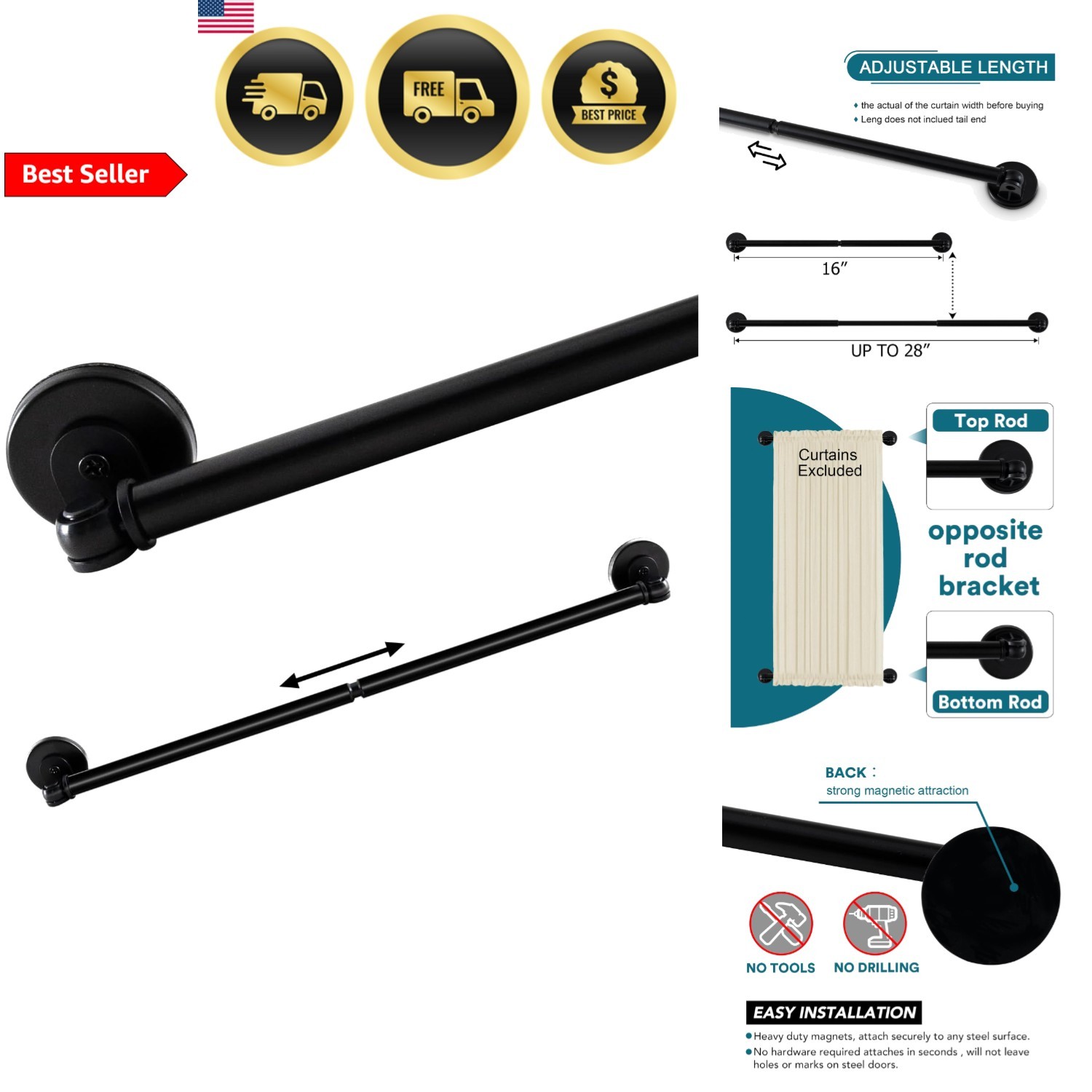 Magnetic Curtain Rod for Metal Door Small Window No Drill Black 16-28