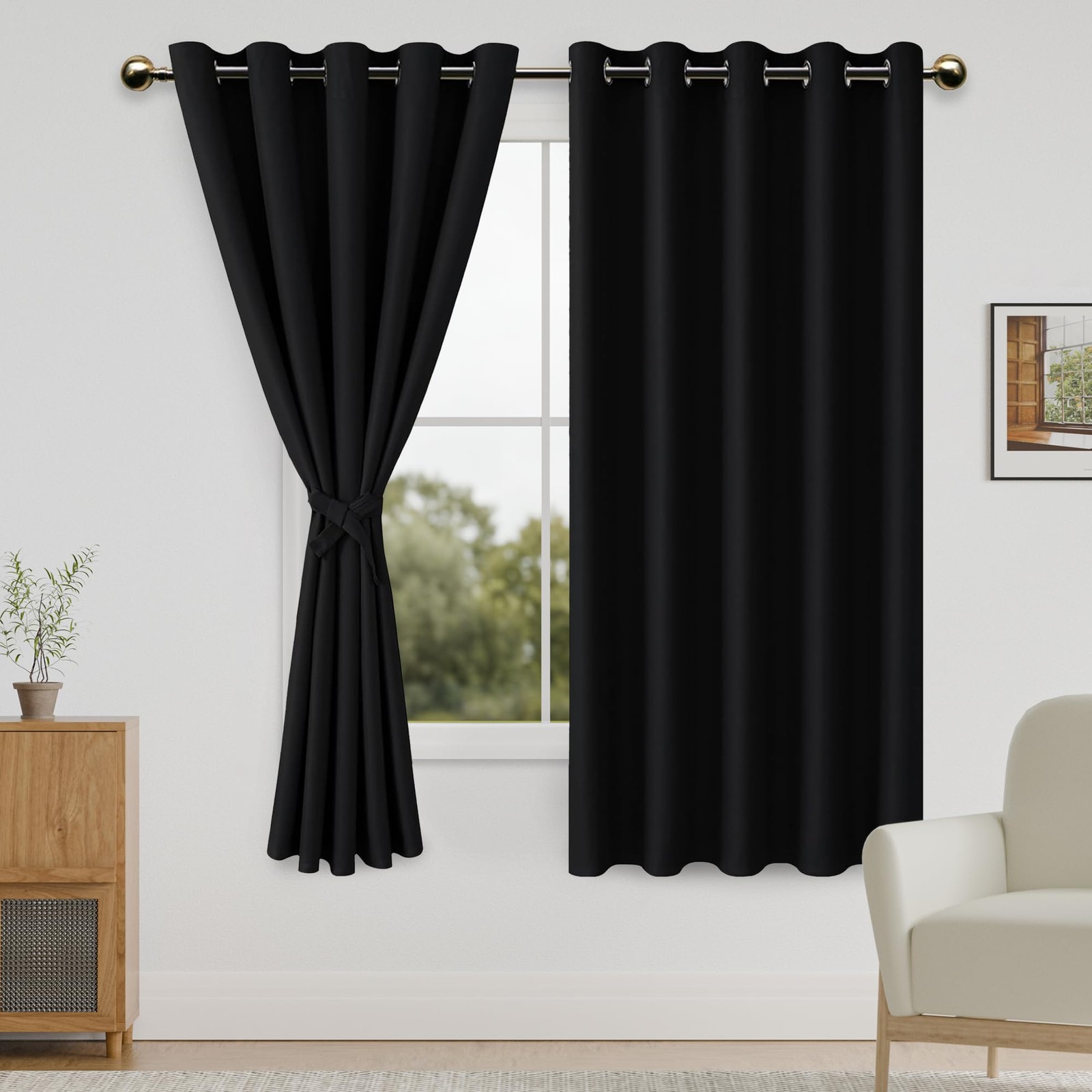 Black Blackout Curtains for Bedroom with Tiebacks – Thermal Insulated Light B…
