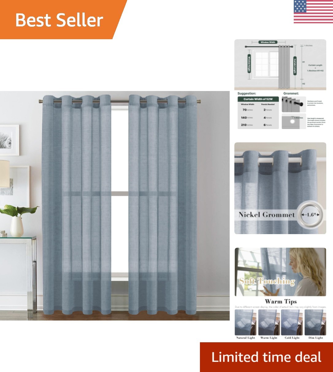 Natural Linen Blend Sheer Curtains – 90” Panels for Contemporary Living Rooms