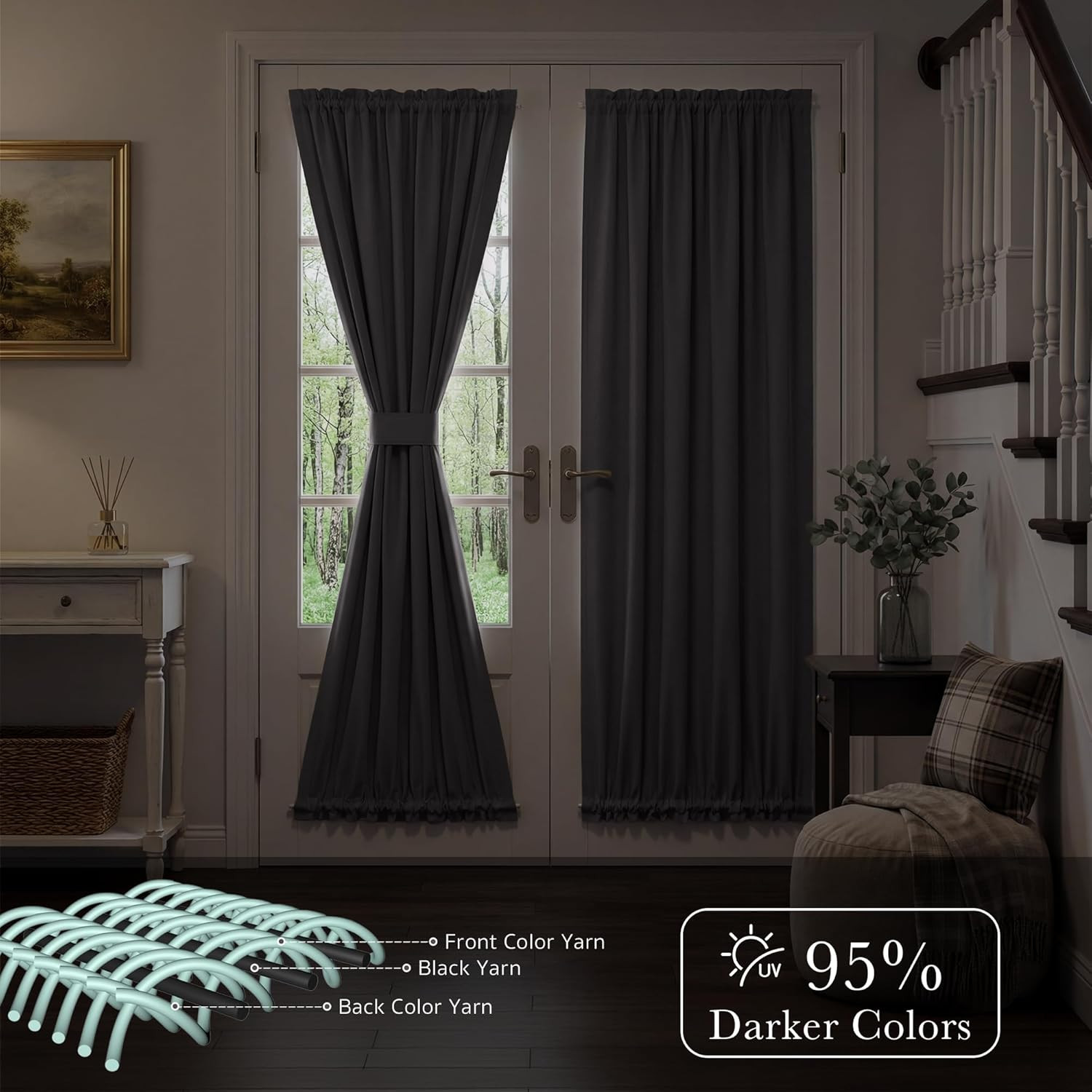Blackout Door Window Curtains, Dual Rod Pocket Grey Drape for Front Glass French