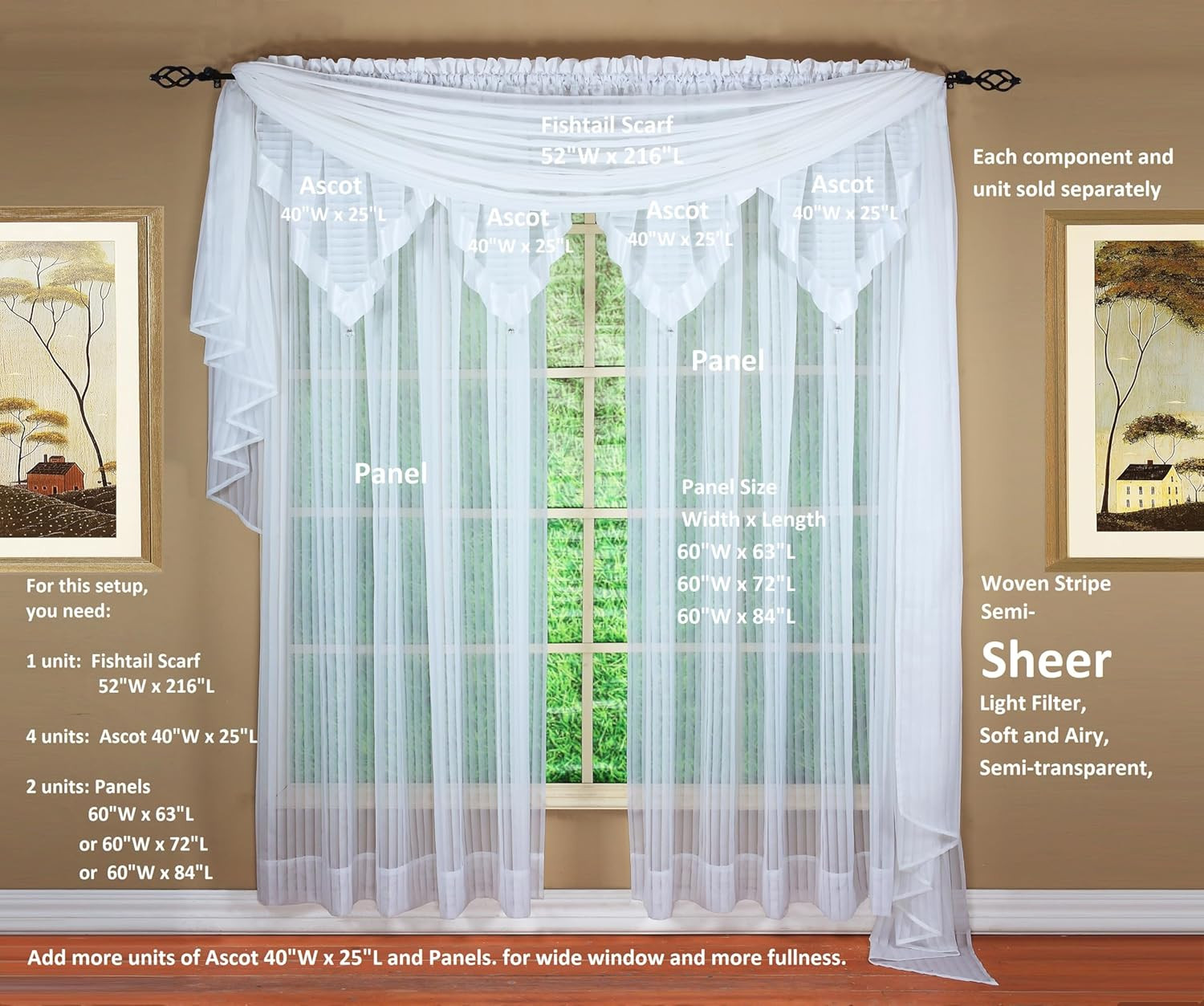 , Silhouette Stripe Sheer Panel 72″, White, 60″ W X 72″ L