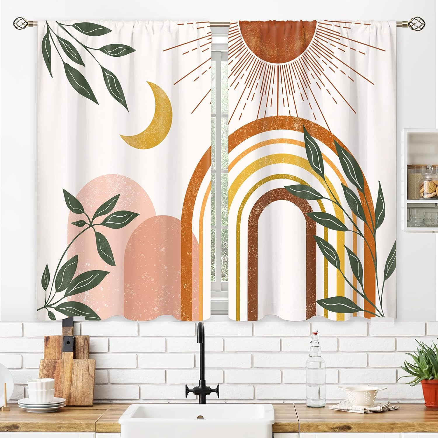 Mid Century Abstract Boho Small Kitchen Curtains Leaf Sun Minimalist Window Trea