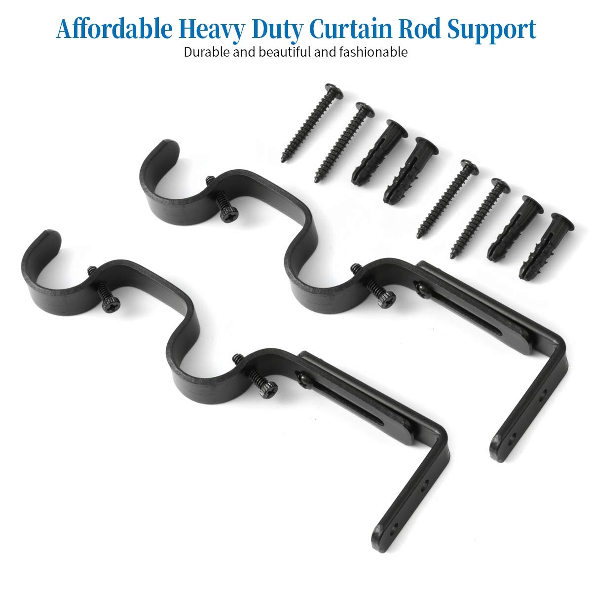 4 PCS Black Heavy Duty Curtain Rod Brackets Adjustable Double Holder For 1″