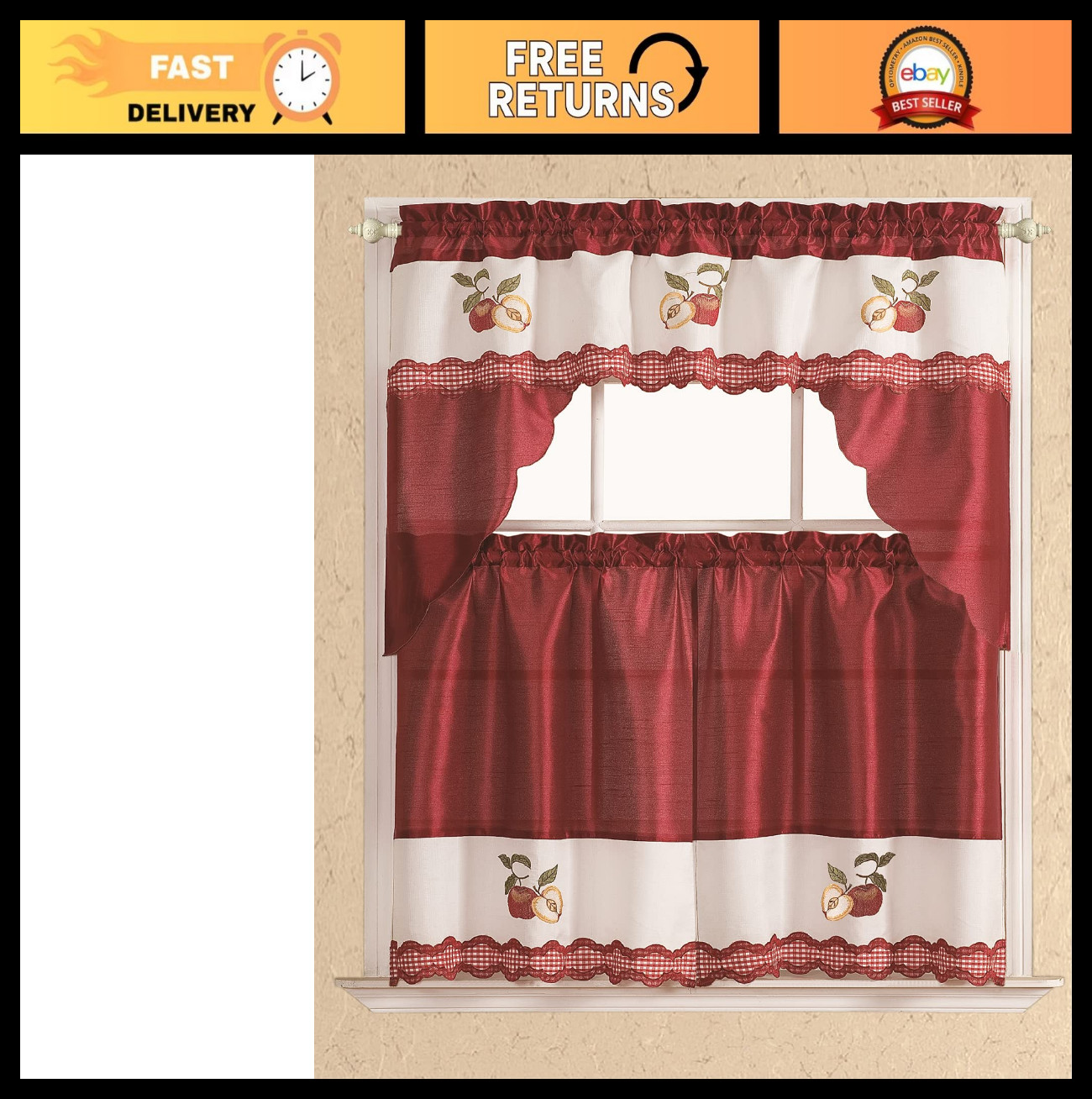 3pc Modern Kitchen Curtain Set – Embroidered Swag Valance, Red Apples Design