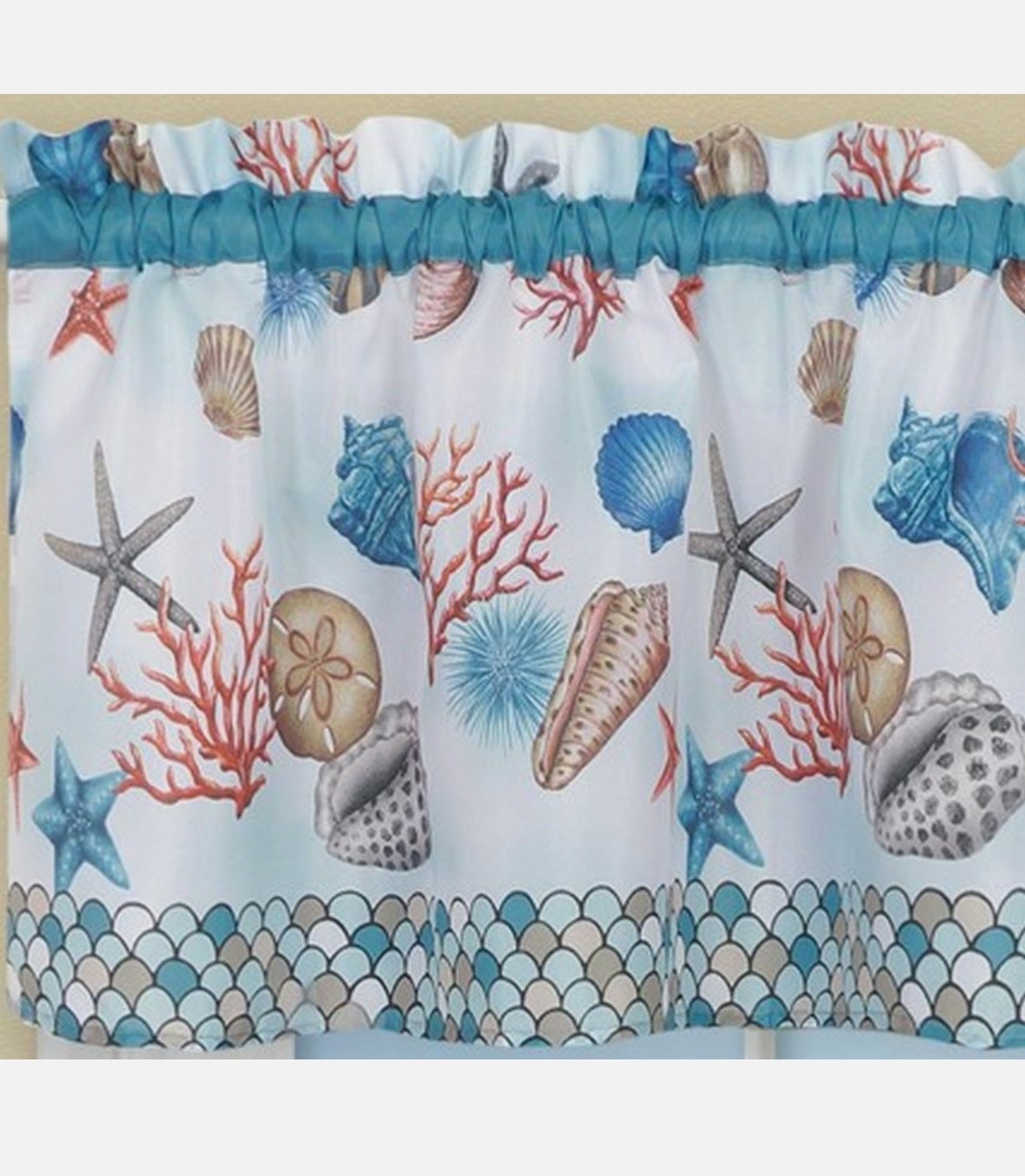 3 PC Kitchen Curtain Set COASTAL Shells Coral Sand Dollars 57”x13.5” and 36”x28”
