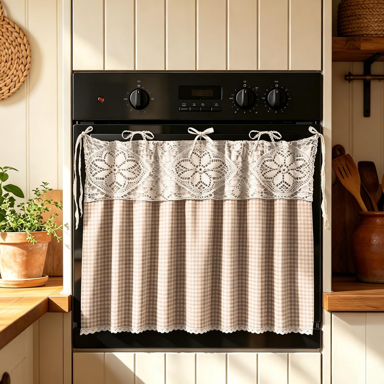 JarThenaAMCS Brown Check Oven Skirt Brown White Plaid Gingham Oven Curtain Rusti