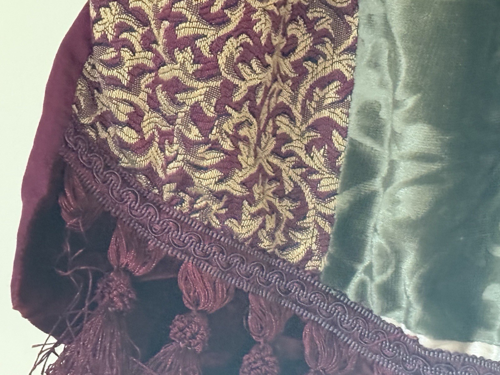 2 Scallop Patchwork Valances Burgundy Green Gold Velvet Tapestry Jarquard 54X18