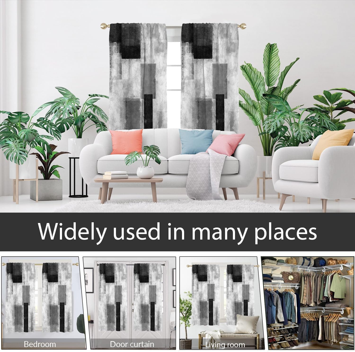 Black Grey and White Window Curtain Gray Abstract Geometric Silver Art