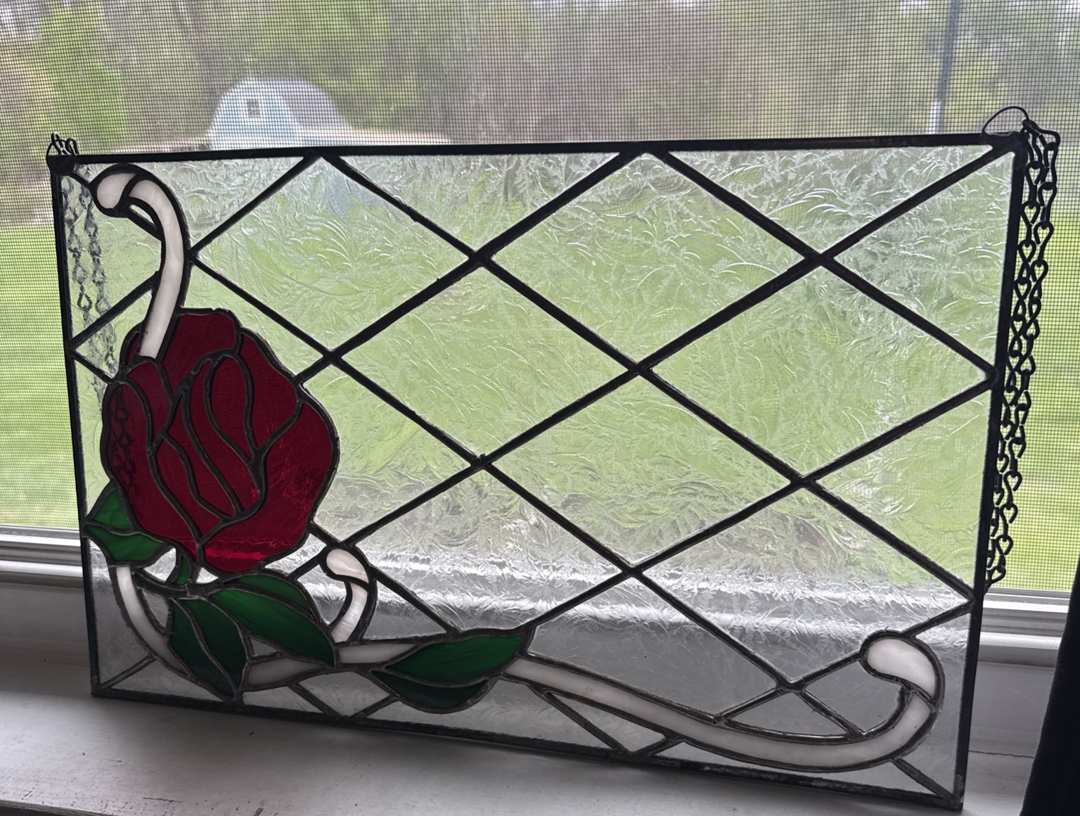 Stained Glass Red Rose Suncatcher Window Art Decor 16×10” Vintage Textured Glass