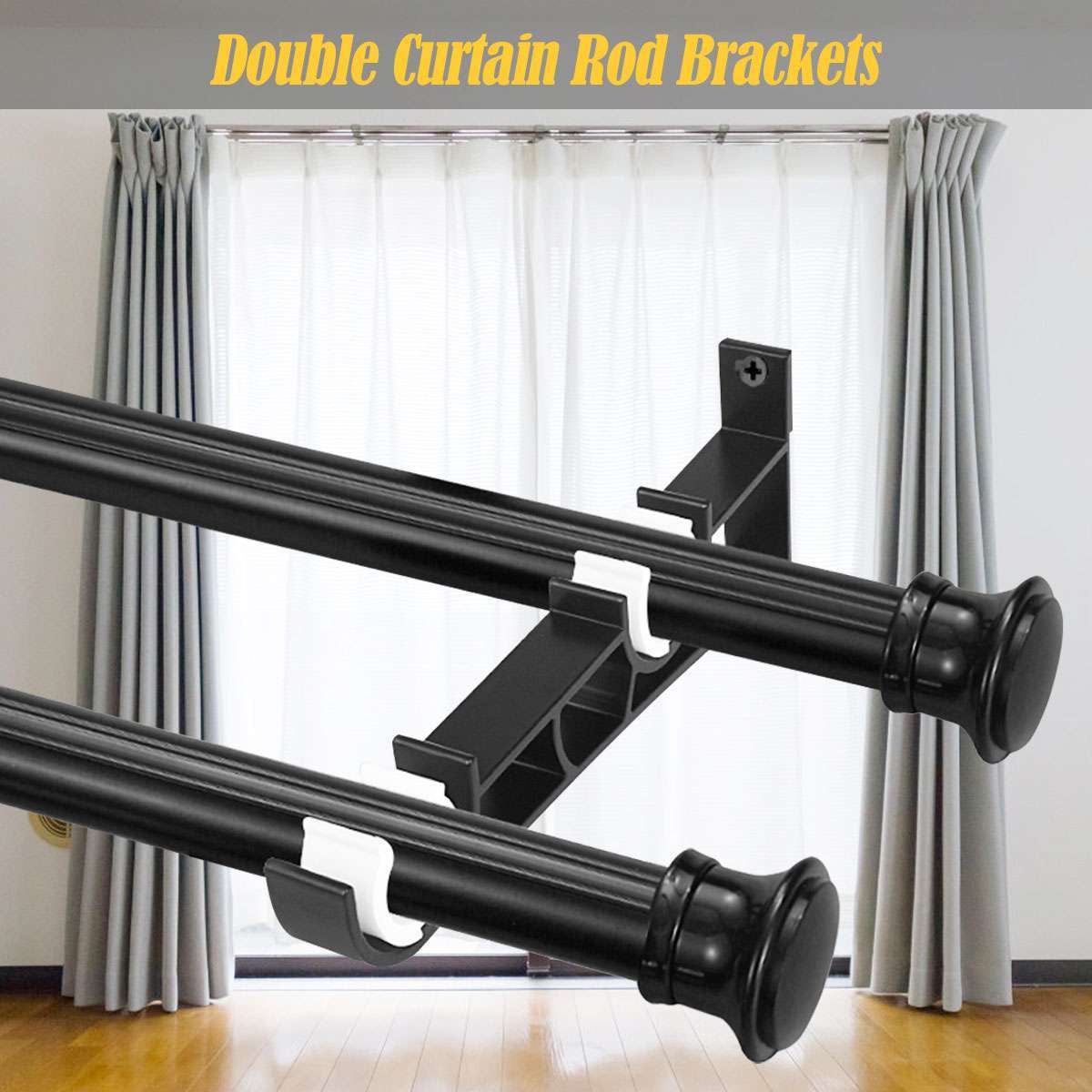 2 PCS Aluminum Alloy Double Curtain Rod Brackets Window Wall Holders for Drapery