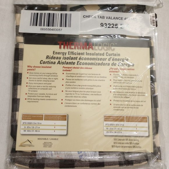 Thermalogic Check Tab-Top Valance Curtain, 15″L x 40″W – black plaid NEW