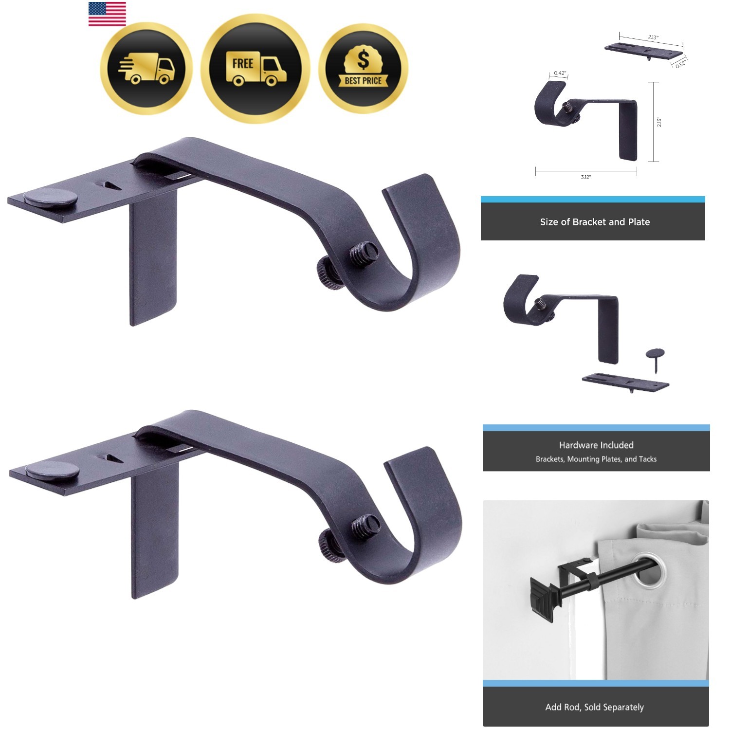 Fast Fit 5/8″ No Measure Curtain Rod Brackets, Matte Black