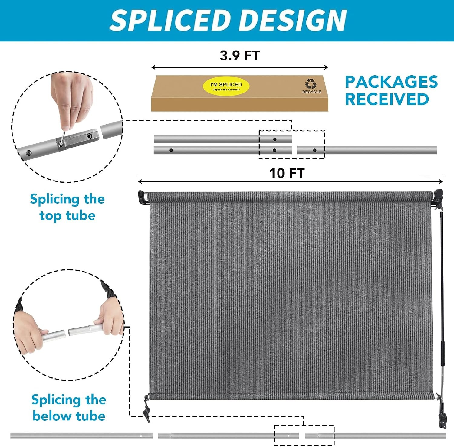 10′(W) x8′(H) Light Grey Outdoor Roller Shade – Cordless Exterior Roll Up Sun