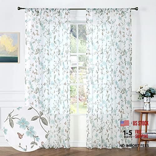 Tollpiz Sheer Floral Curtain – Butterfly – 54″W x 84″L – Set of 2 – Blue