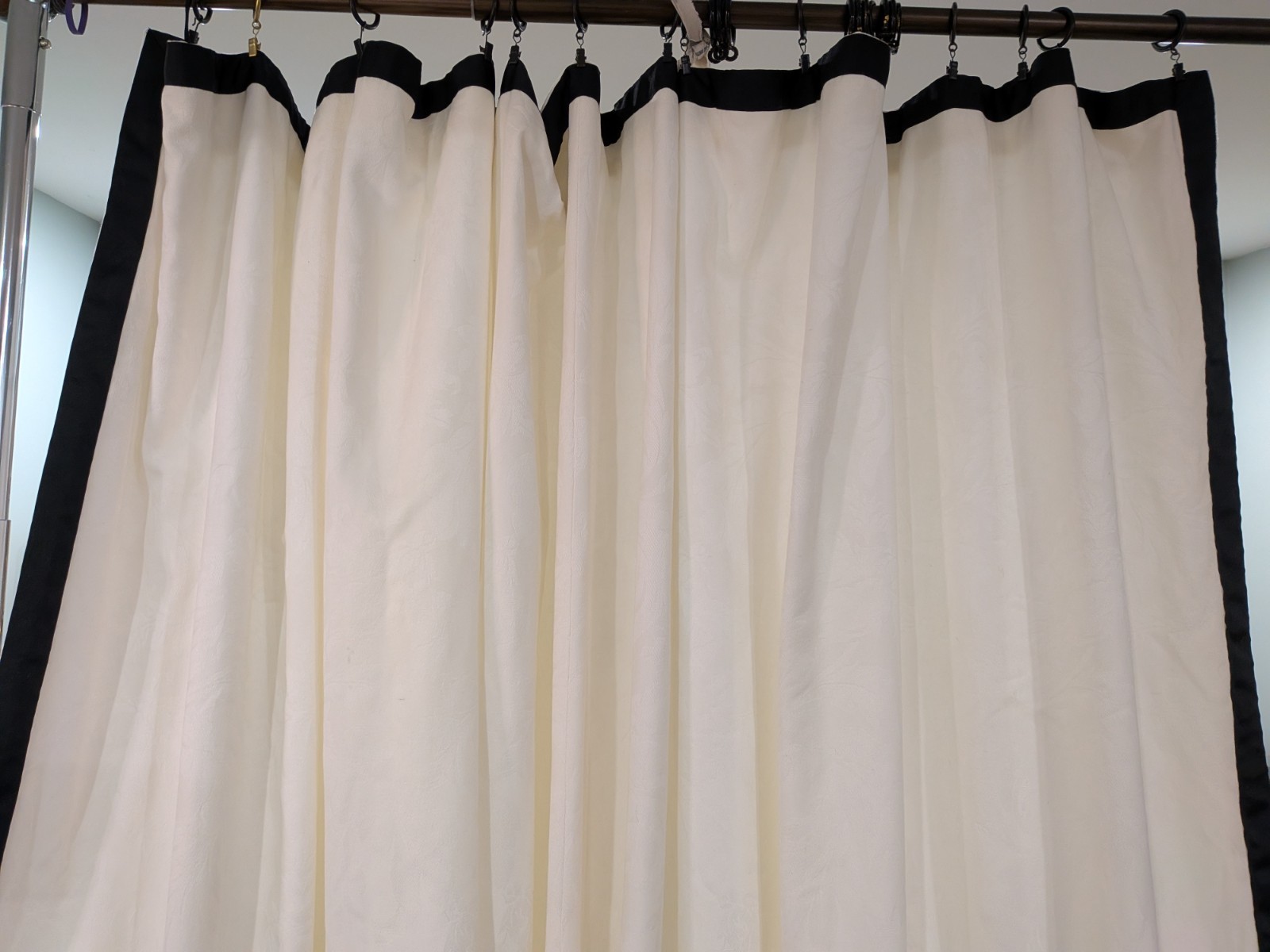 1 pair/2 panels White Jacquard Drapes Black Ribbon Border each panel 109″Wx 81″L