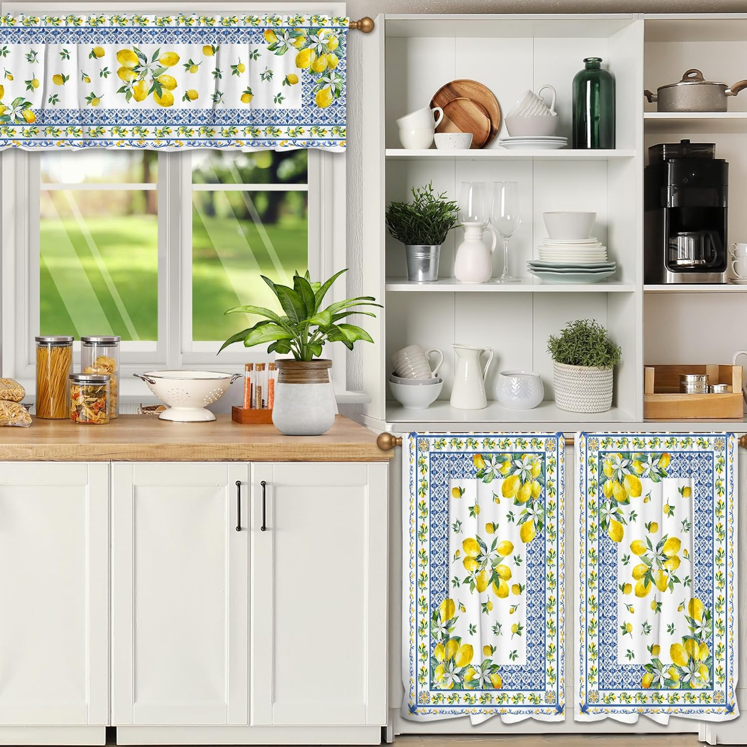 Lemon Kitchen Curtains and Valances Set 3 PCS for Window, Mediterranean Spring S