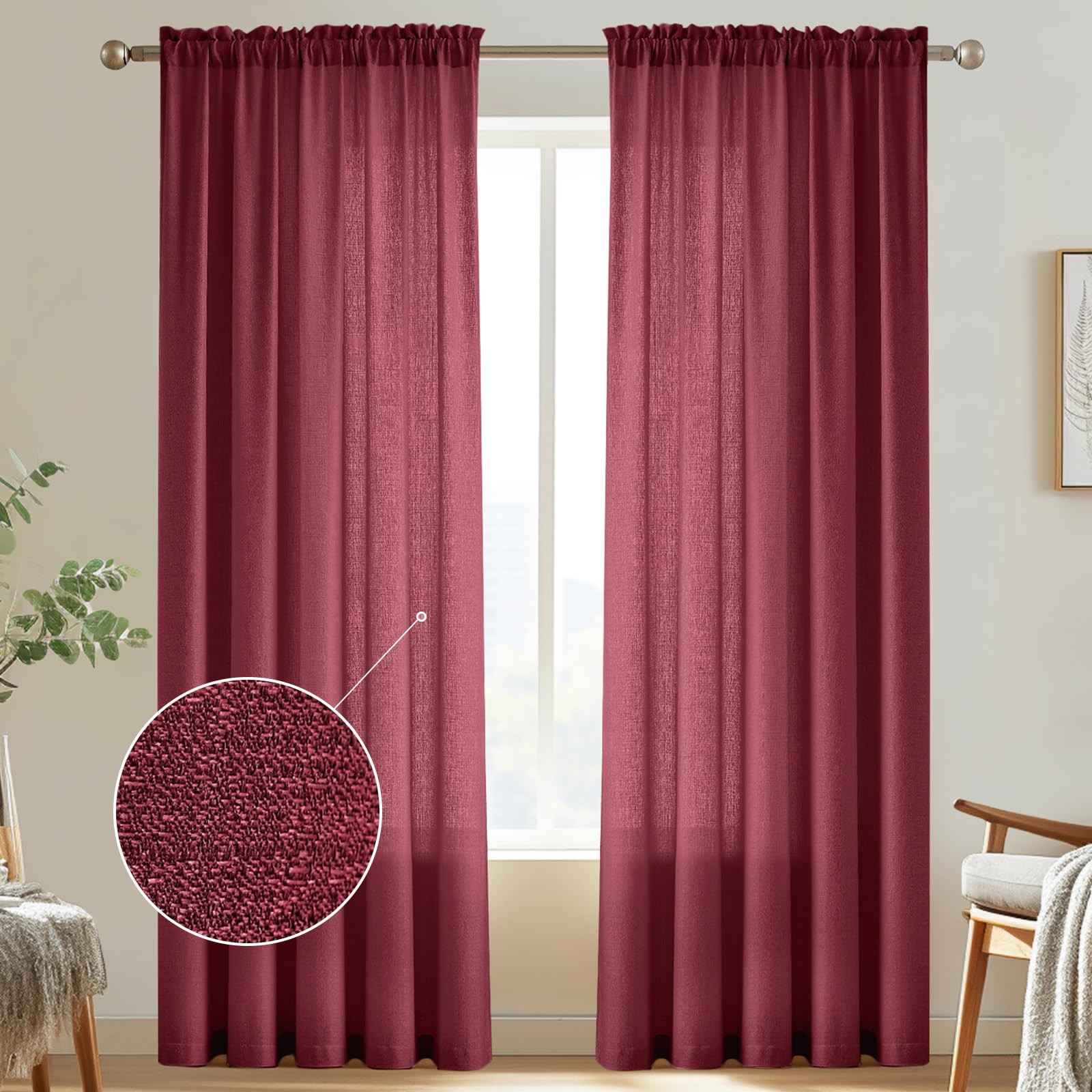 Burgundy Semi Sheer Curtains 84 Inches Long for Living Room, Bedroom Linen Lo…