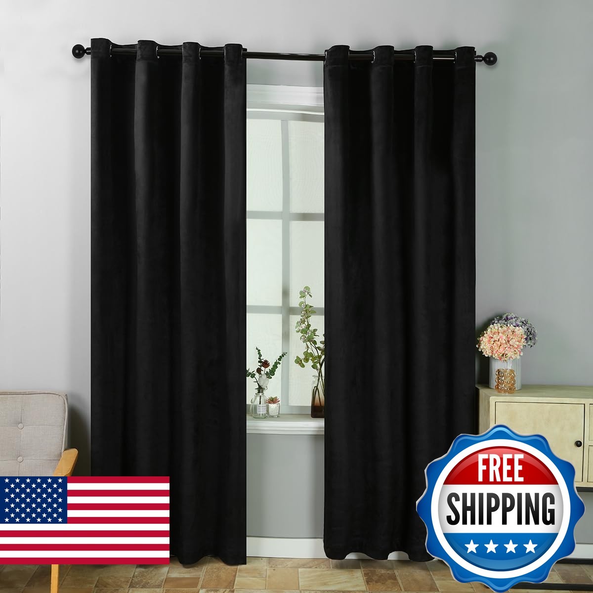 Elkca Luxury Black Velvet Window Curtain For Living Roomgrommet Top2
