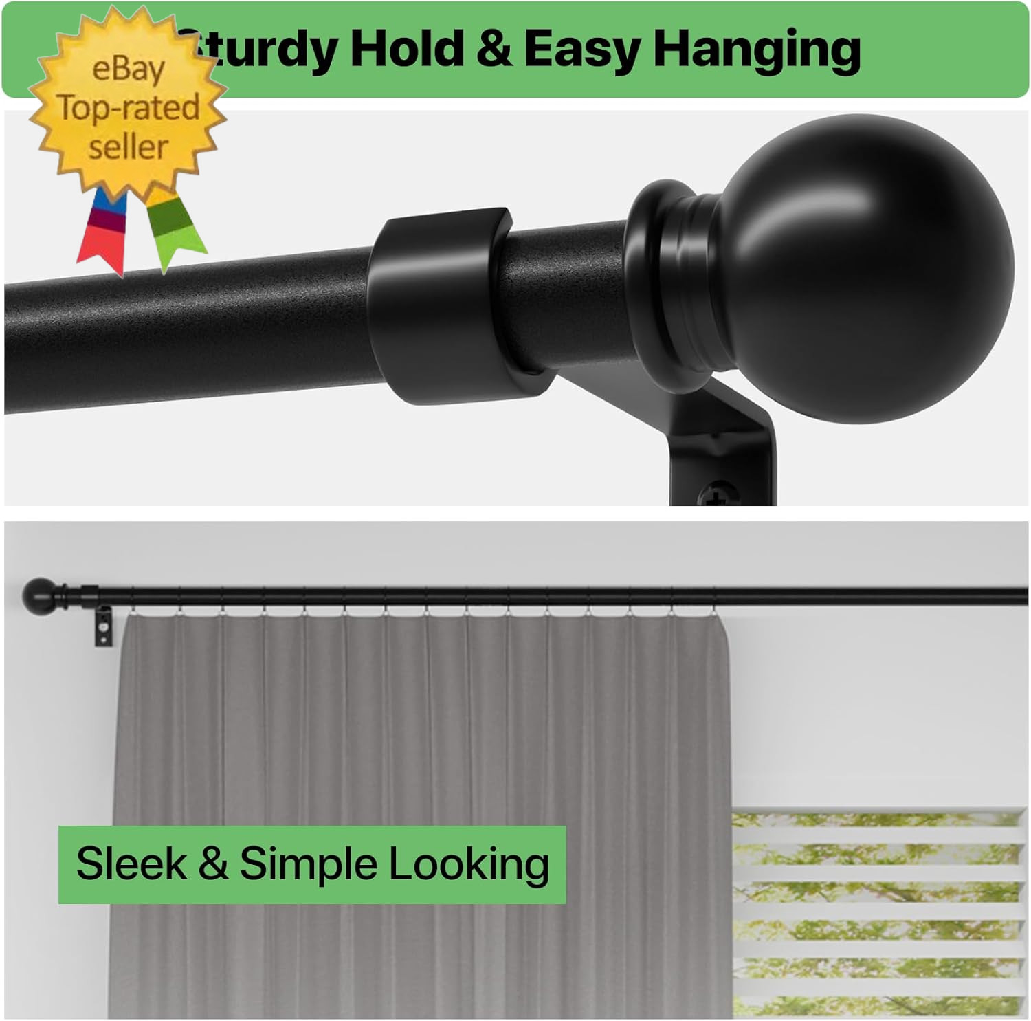 Curtain Rods for Windows 28 to 48 Inch, 5/8 Inch Black Curtain Rod Set with Brac