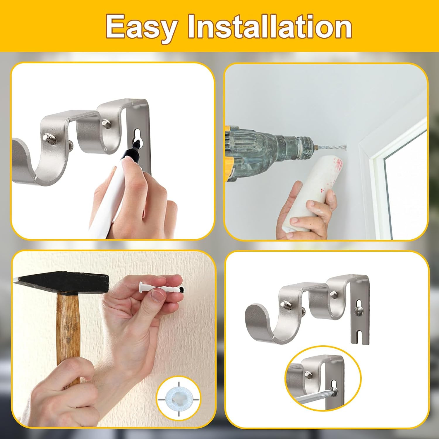 Double Curtain Rod Bracket,6 Pack Metal Curtain Rod Holders for Wall,Sturdy