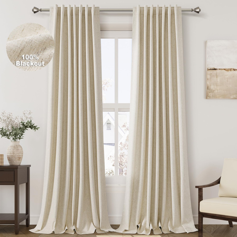 Nanspring Beige 100 Blackout Linen Curtains For Bedroom 120 Inches Long Back
