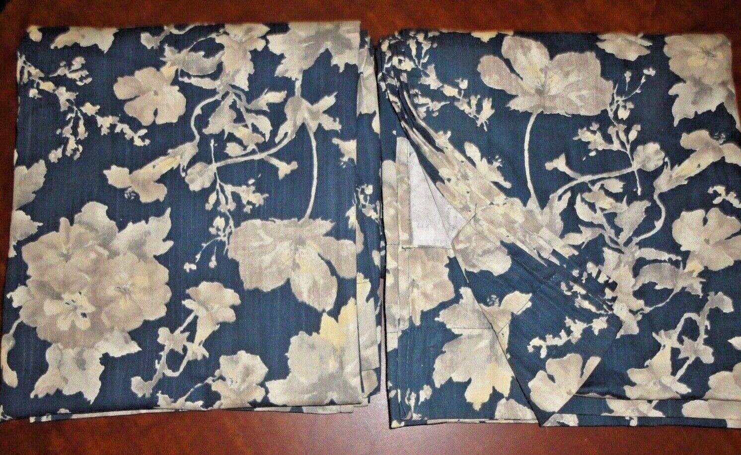 WATERFORD BLUE TAN YELLOW FLORAL (PAIR) UNLINED DRAPERY PANELS 50 X 96