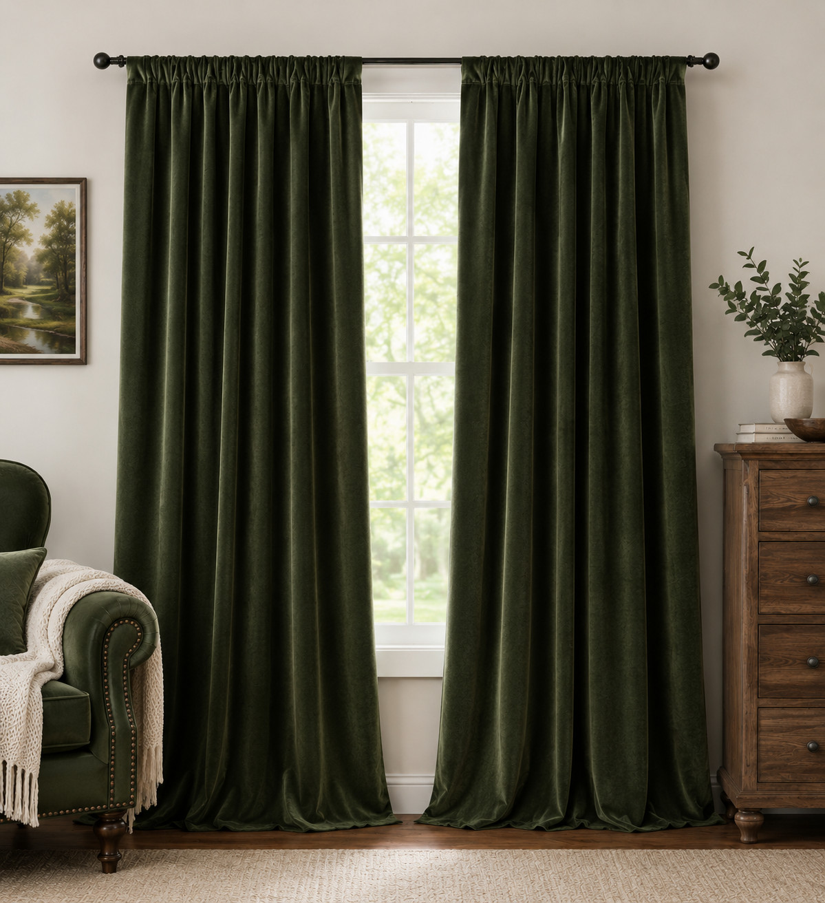 Olive Green Velvet Blackout Curtains 52″ x 84″ Bedroom Window Panel Pair 2 Pack